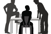 Editable vector silhouettes of a handcuffed man being interrogated by two detectives