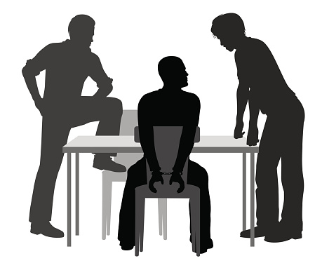 Editable vector silhouettes of a handcuffed man being interrogated by two detectives